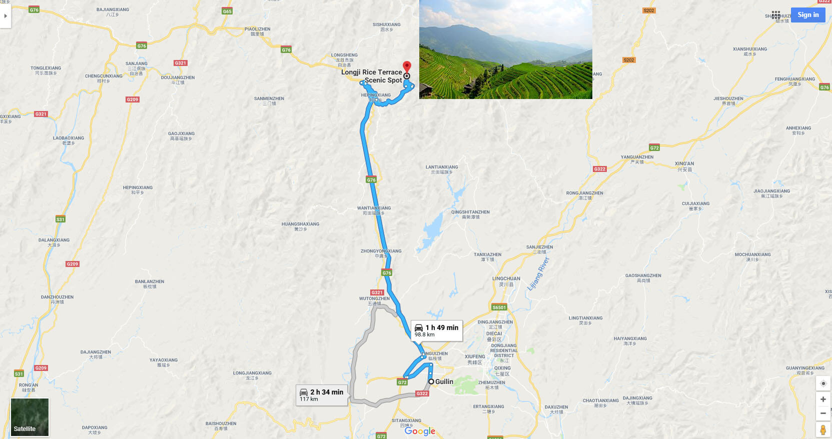 Guilin to Longji Rice Terrace map