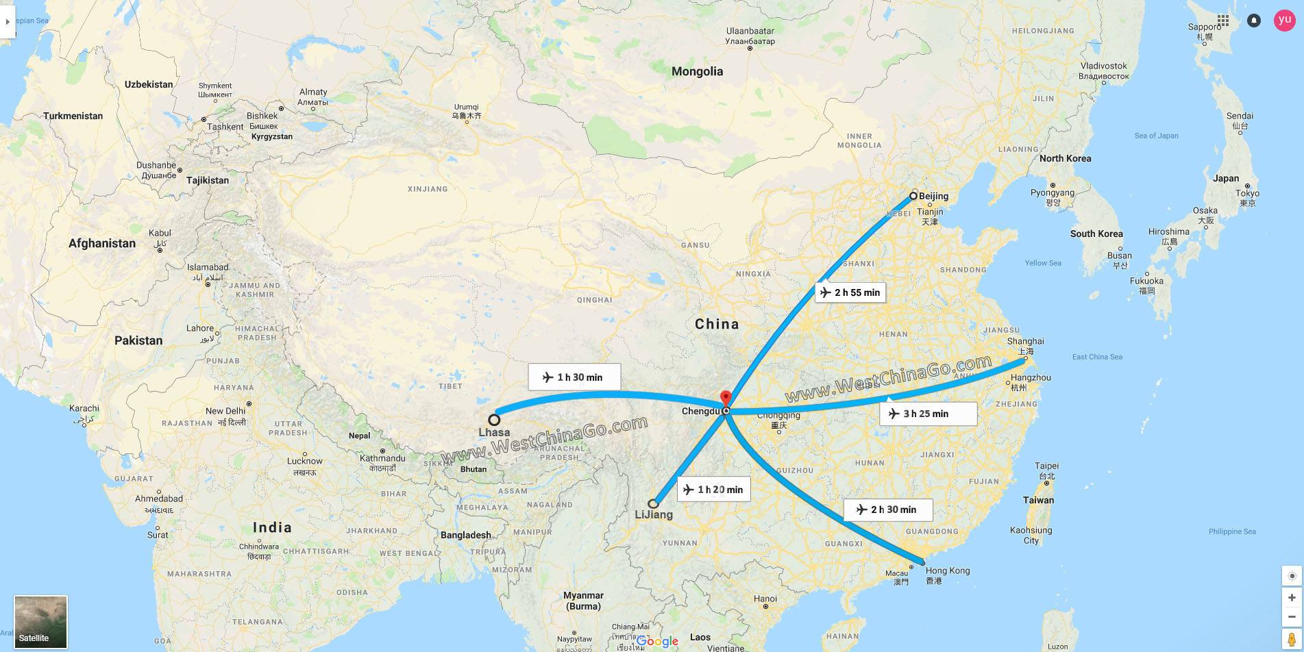 get to ChengDu by flight map