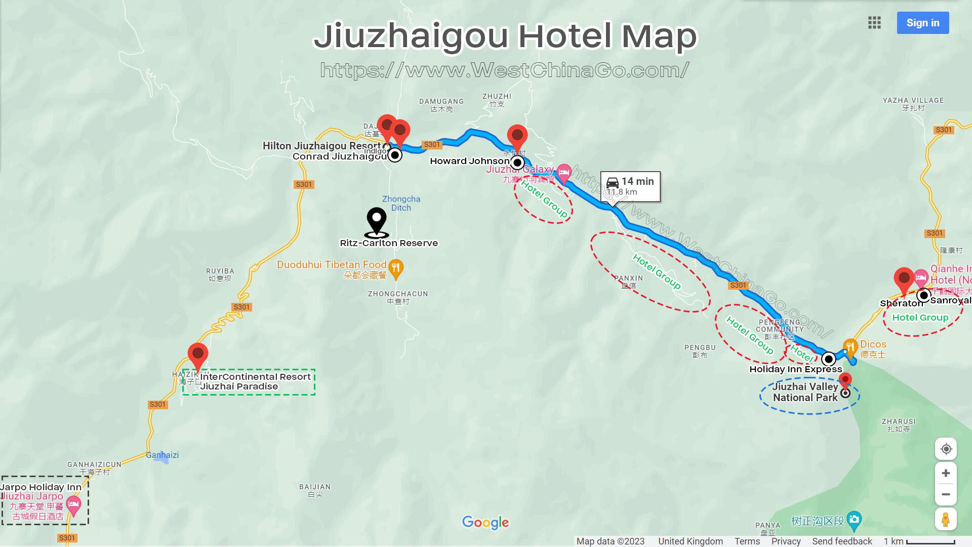 jiuzhaigou hotel map